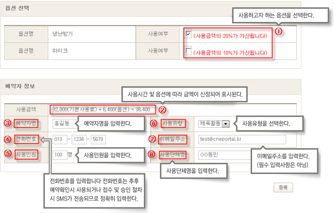 
        옵션 선택에서 옵션명 사용여부를 선택
        1. 사용하고자 하는 옵션을 선택한다.
        사용여부에 따라서 사용금액의 20%가 가산됩니다.
        2. 사용시간 및 옵션에 따라 금액이 산정되어 표시된다.
        3. 예약자명을 입력한다.
        4. 전화번호를 입력합니다 전화번호는 추후 예약확인시 사용되거나 접수 및 승인 절차시 SMS가 전송되므로 정확히 입력한다.
        5. 사용일원을 입력한다.
        6. 사용유형을 선택한다.(체육활동 등)
        7. 이메일주소를 입력한다.(필수 입력사항은 아님)
        8. 사용단체명을 입력한다.
        모든 내용입력 후 등록